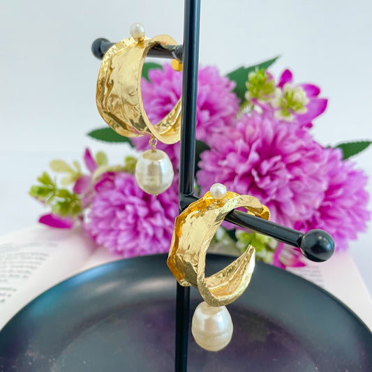 Handmade Brass Hammered Pearl Drop Earrings